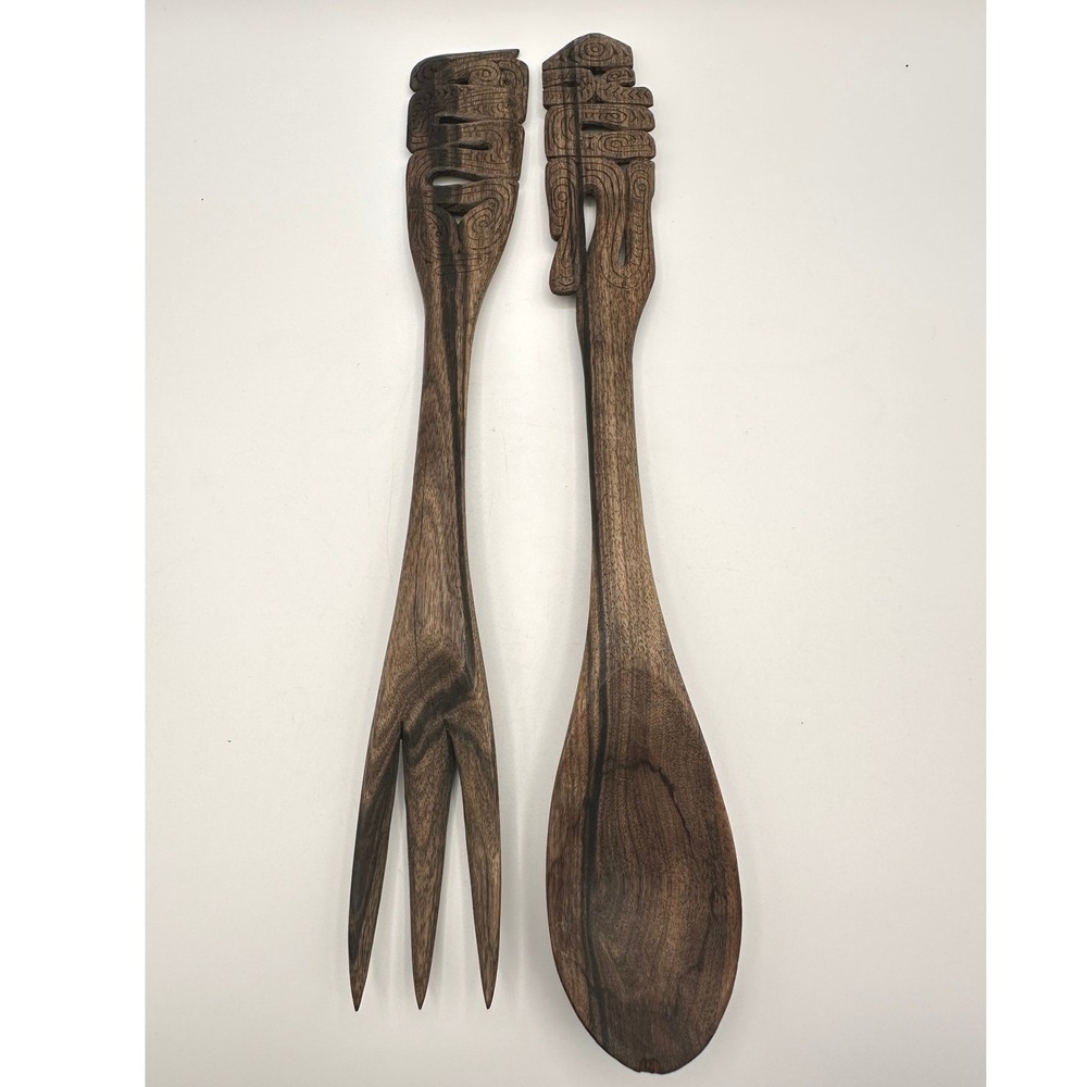 Vintage Teak Wooden Serving Utensils Hand Carved Tribal Salad Fork Spoon Set